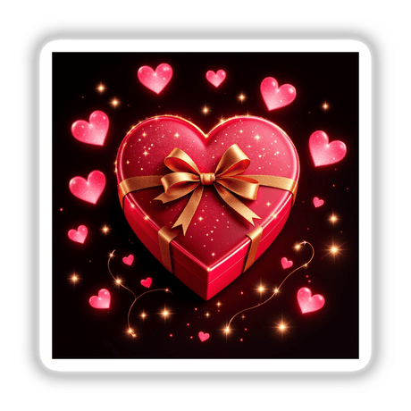 Heart-Shaped Box of Chocolates with Gold Ribbon featuring a decorative bow, available as unique stickers or digital artwork from Decal Venue, showcasing Valentine's Day charm and creativity.