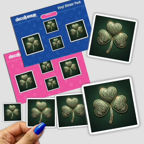 Golden Celtic Shamrock sticker featuring intricate knotwork and elegant detailing, held by a hand, showcasing its unique design. Available as both stickers and digital artwork from Decal Venue.