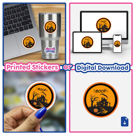 Collage featuring a laptop with a Halloween Boo sticker, a close-up of the sticker, and a finger holding the sticker, offered as stickers or digital artwork.