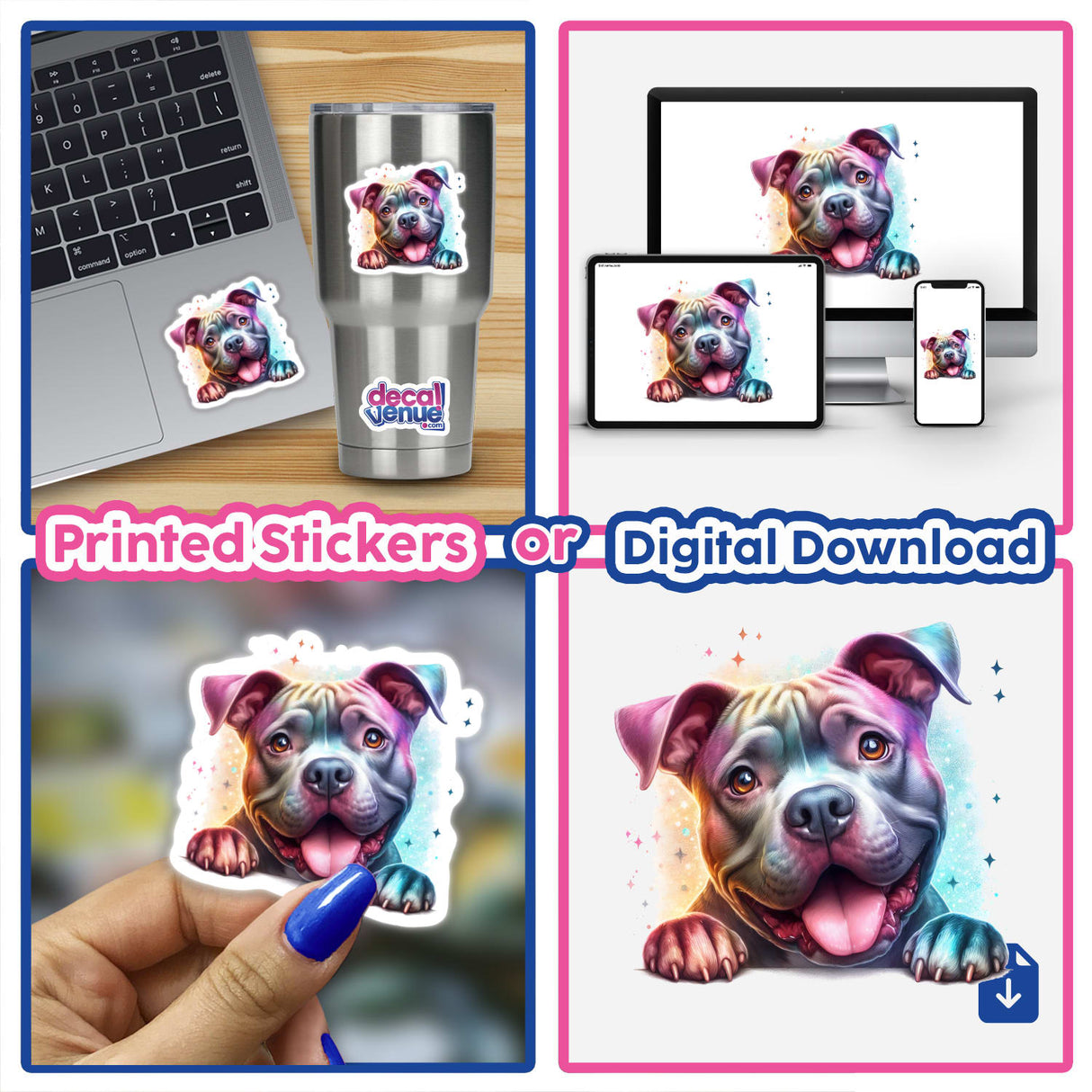 Vibrant prismatic pitbull dog artwork featured on stickers, merchandise, and digital downloads at Decal Venue, an online shop for unique sticker designs and digital art.