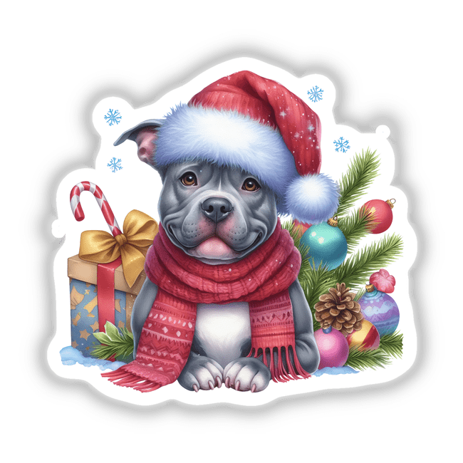 Christmas Pitbull Dog in Santa Hat III: A close-up of a dog wearing a festive white fur hat and scarf, ideal as stickers or digital artwork from Decal Venue.