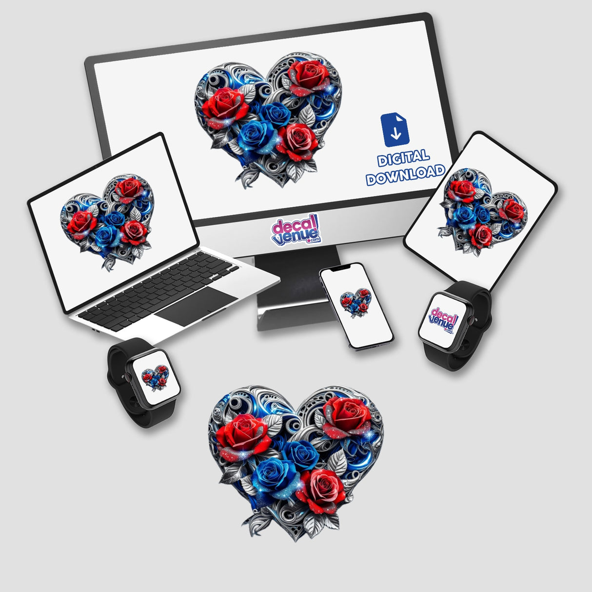 Intricate Silver Blue Heart with Red and Blue Roses displayed on a laptop and phone screen, available as stickers or digital artwork from Decal Venue.