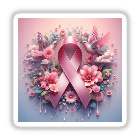 Breast Cancer Silver Series 2: A pink ribbon adorned with flowers and birds, available as stickers or digital artwork.