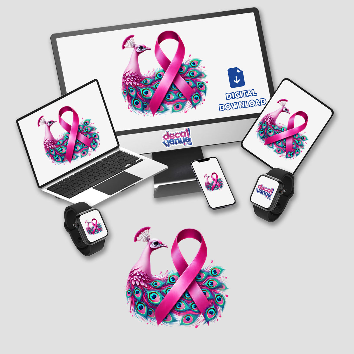 Peacock Pink Ribbon Breast Cancer stickers or digital artwork displayed on a computer monitor and laptop, emphasizing the intricate design of the pink ribbon with peacock feathers.