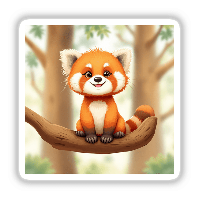 Adorable Red Panda Sitting on a Tree Branch in a Forest, depicted in a cartoon style. Available as vinyl stickers or digital artwork, perfect for enhancing any surface with whimsical charm.