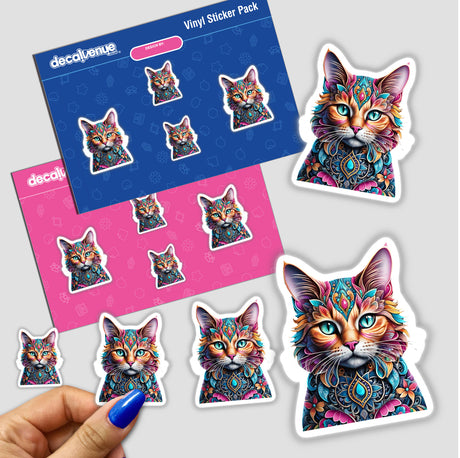 Vibrant vinyl stickers featuring a floral-patterned cat portrait, created by the artist PanzeeArt and sold on the Decal Venue store. The stickers display the intricate, colorful design of the cat's face against a dark background.