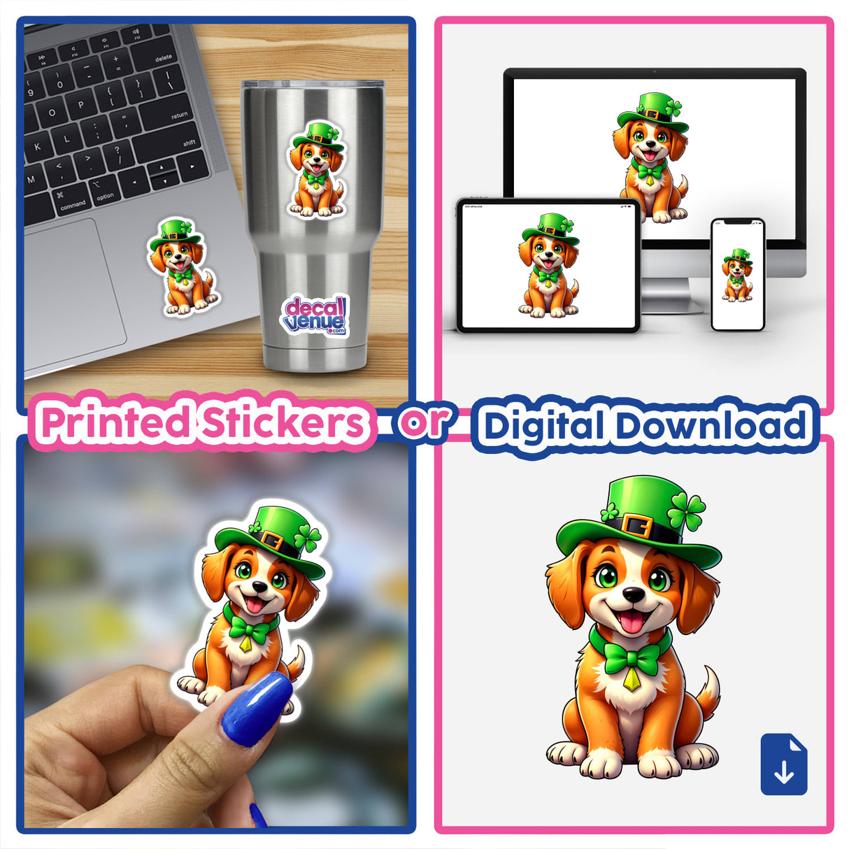 St. Patrick's Day Puppy collage featuring cartoon dogs in green hats, perfect as stickers or digital artwork. Includes laptop and cup stickers, embodying Decal Venue's unique style.