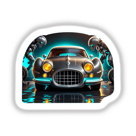 A Classic Futuristic Car cartoon featuring robots, available as stickers or digital artwork, showcasing intricate automotive design elements like grilles and headlamps.