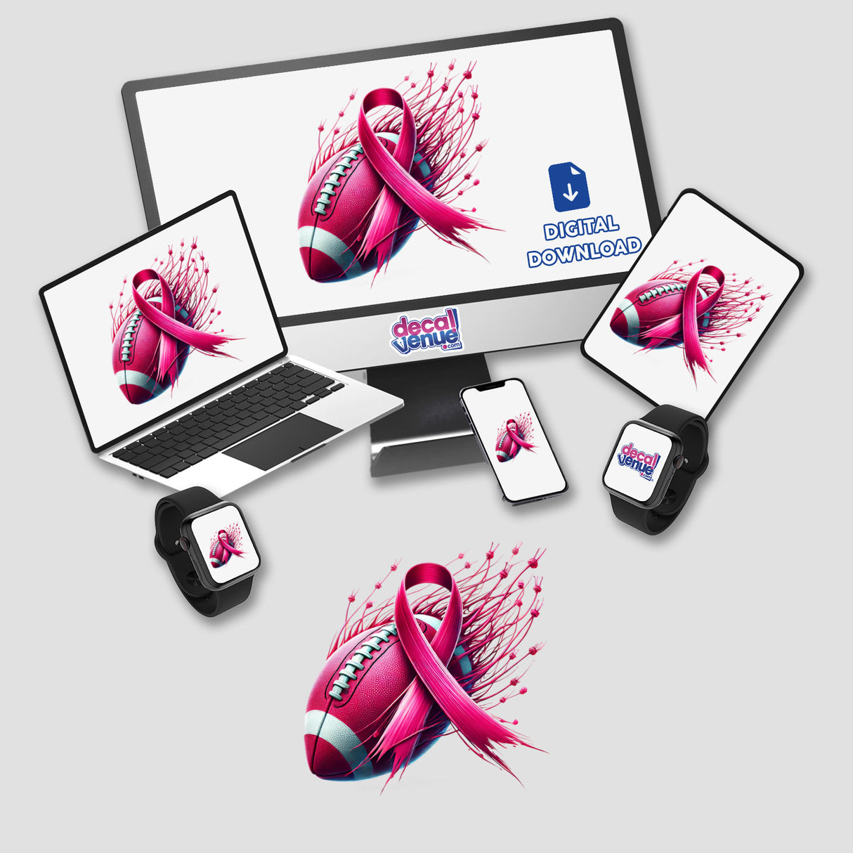 Pink Ribbon Football Breast Cancer themed digital artwork featuring a computer monitor and laptop displaying a pink ribbon on screen, available as stickers or digital art.