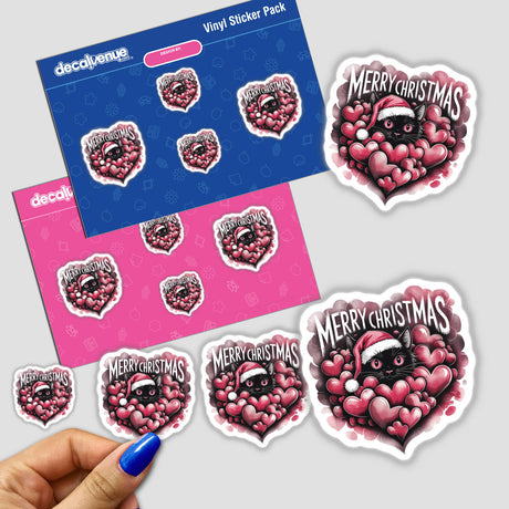 Black Cat Merry Christmas Cozied in Hearts sticker features a heart-shaped cat design, held by a hand, amidst envelopes and other stickers, available as physical or digital artwork.