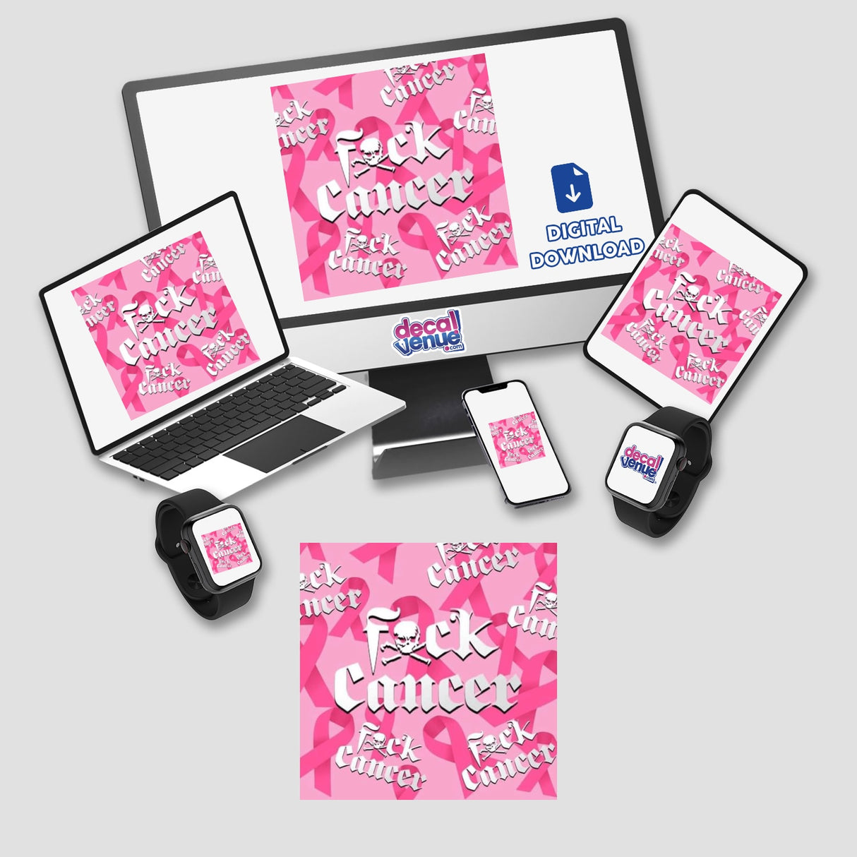 Gold Breast Cancer Series 11 digital artwork featuring a computer monitor, laptop, and tablet, all displaying a pink ribbon with a skull design. Available as stickers or digital artwork from Decal Venue.