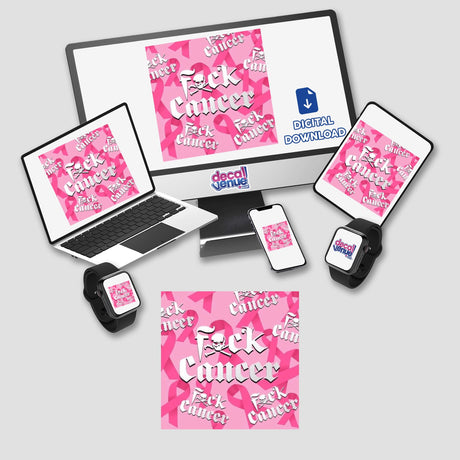 Gold Breast Cancer Series 11 digital artwork featuring a computer monitor, laptop, and tablet, all displaying a pink ribbon with a skull design. Available as stickers or digital artwork from Decal Venue.