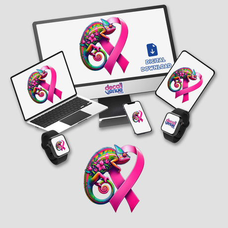 Chameleon Pink Ribbon Breast Cancer Awareness design featuring a chameleon on a pink ribbon, displayed across a laptop, monitor, and smartwatch, available as stickers or digital artwork.