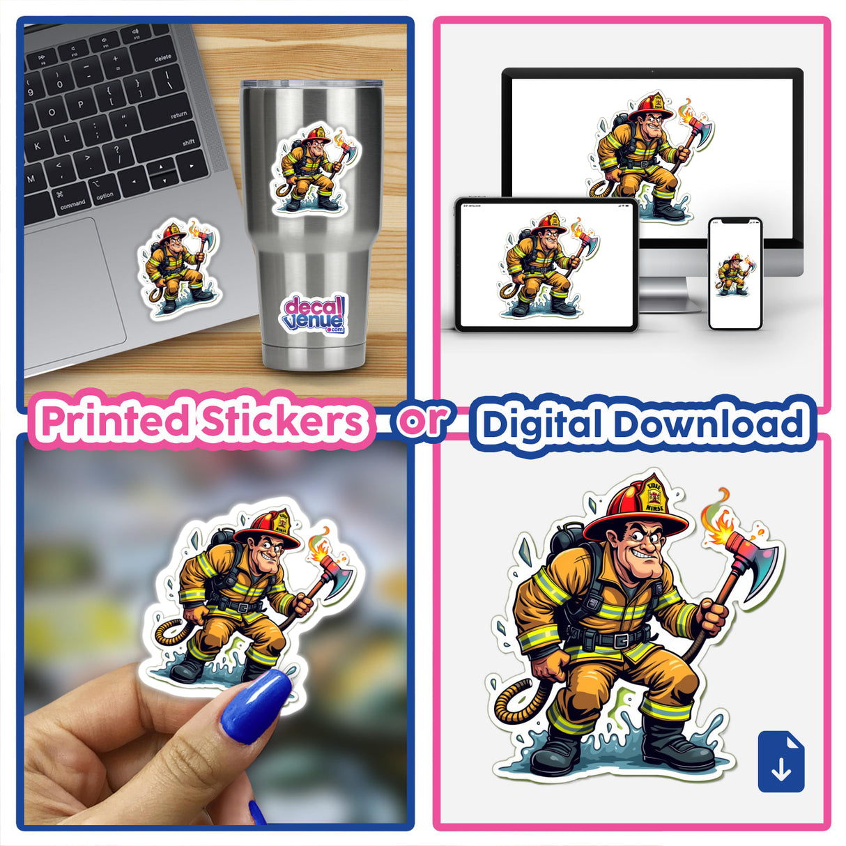 Collage of Bombeiro Machado stickers and digital artwork featuring cartoon firefighters holding axes, perfect for laptops, cups, and more.