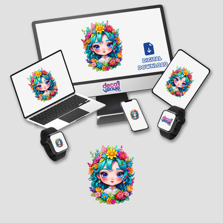 Kawaii Floral Princess: Cute Girl with Rainbow Floral Crown Sticker displayed on a computer monitor and laptop screen, featuring a cartoon character with flowers in her hair.