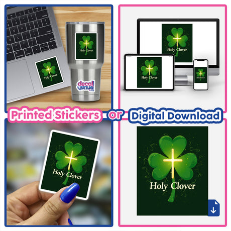 Holy Clover St. Patrick’s Day Sticker or Clipart featuring a green clover with a cross, ideal for festive decorations. Available as unique vinyl stickers or digital artwork with commercial rights.