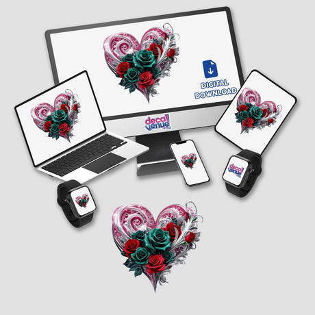 Pink Silver Heart with Red and Green Roses displayed on a computer monitor and laptop, showcasing intricate floral designs, available as vinyl stickers or digital artwork from Decal Venue.