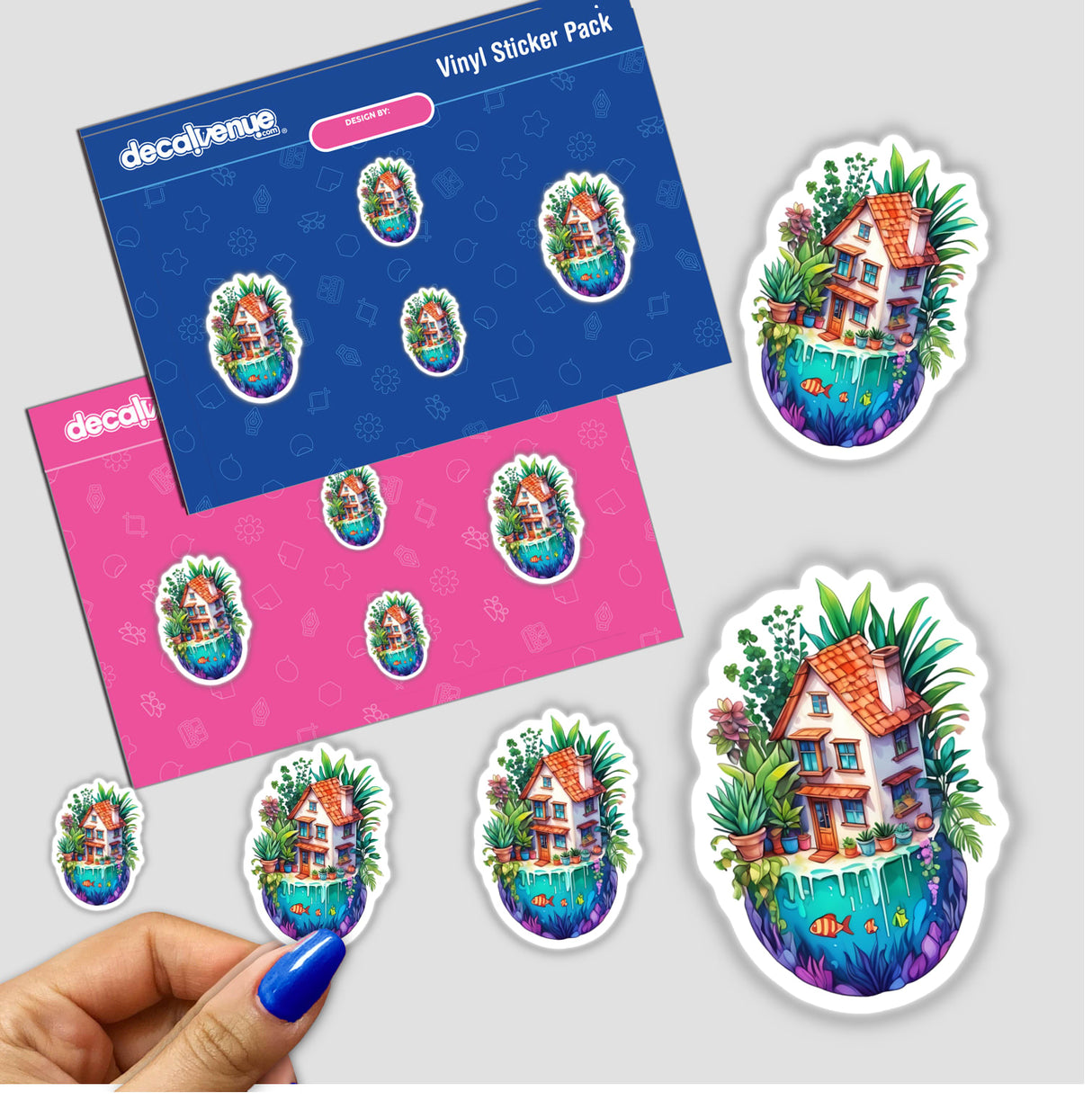 Tropical Seaside House Sticker: Whimsical and colorful art featuring a cartoon house on a floating island, part of a sticker pack, available as stickers or digital artwork.