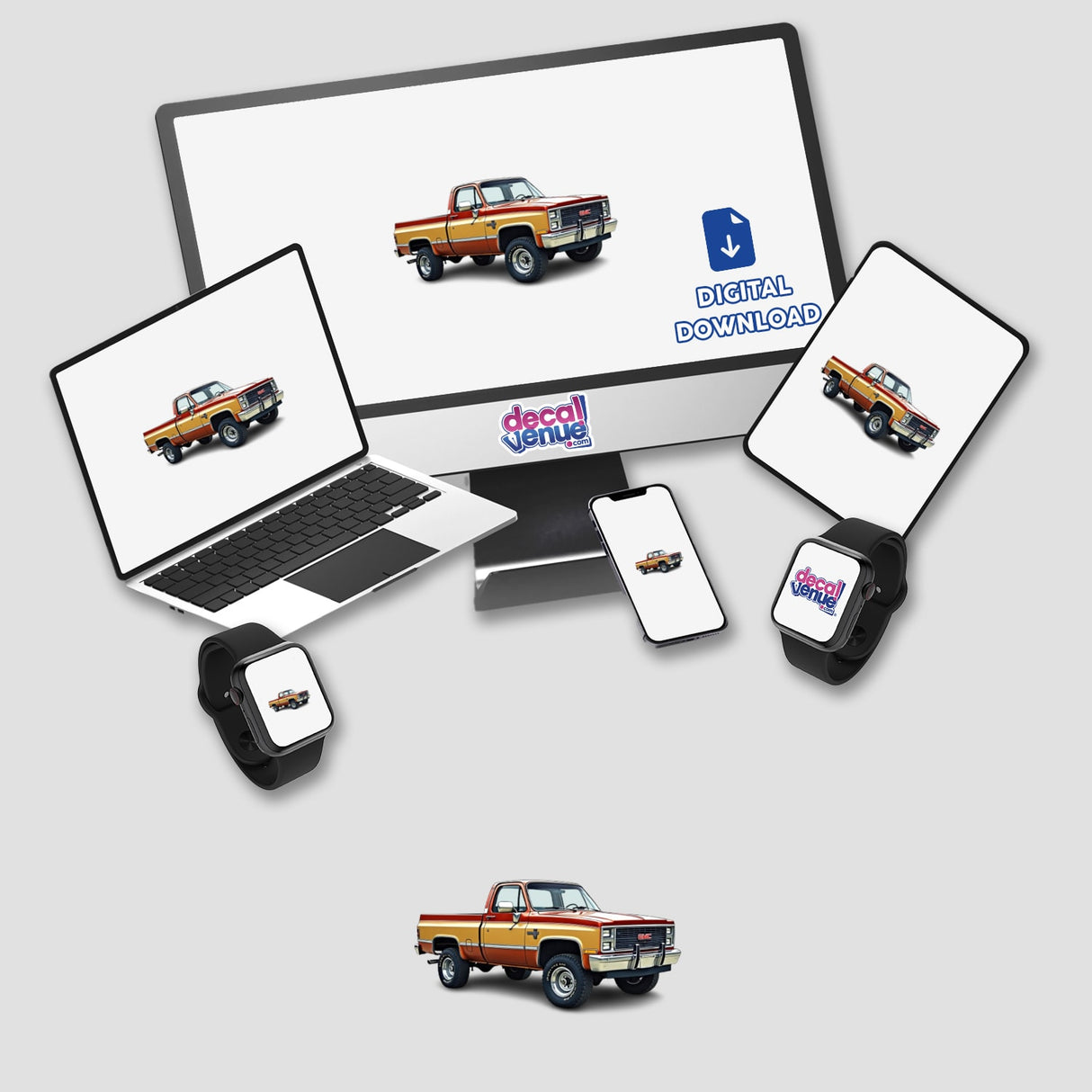 Laptop displaying a 1982 GMC K2500 Sierra Grande Pickup Truck Clipart, suitable for stickers or digital artwork.