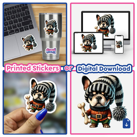 Colorful digital artwork of a French Bulldog wearing a gnome-like outfit with a dog bone decoration, displayed on various devices and products from the Decal Venue store.