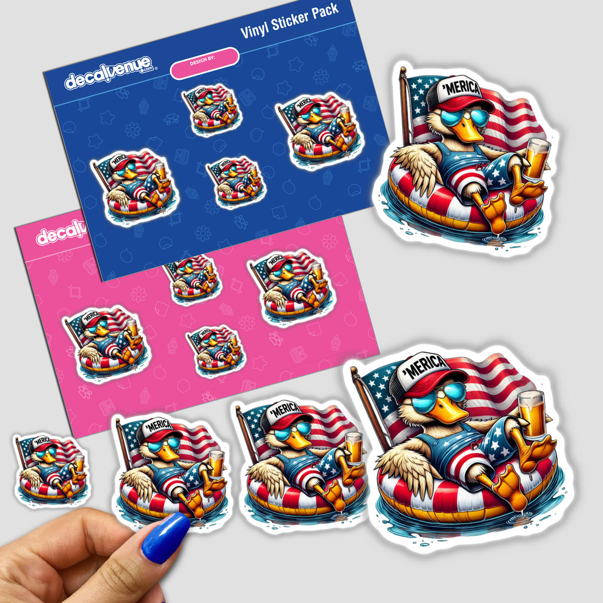 Sticker pack featuring a cartoon duck in a swim ring with an American flag float, titled Duck American Flag Float Merica. Available as stickers or digital artwork.