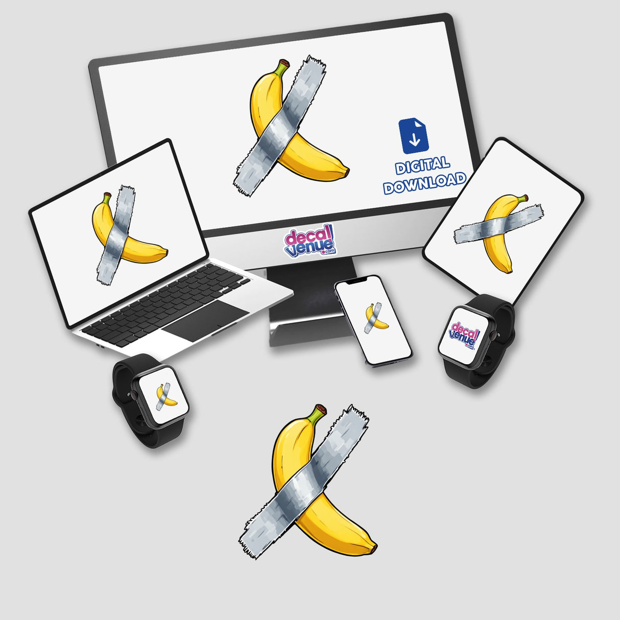 Banana Duct Tape Art featuring a whimsical design with bananas taped to various digital screens, available as unique stickers or digital artwork from Decal Venue.