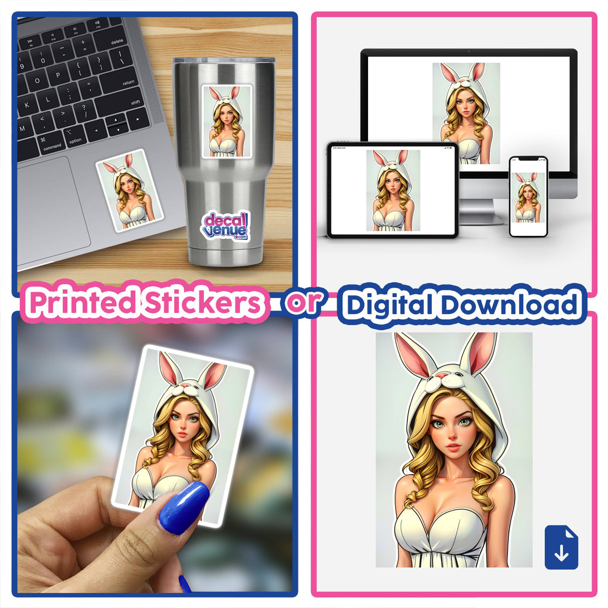 a woman with bunny ears on her head is holding a digital sticker