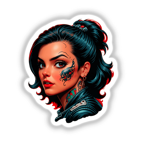 A detailed illustration of A Pretty Biker Girl With Tattoos featuring her face with distinct tattoos and striking makeup, available as stickers or digital artwork from Decal Venue.