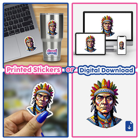 Sticker featuring a Native American Warrior Chief with a colorful headdress, displayed on a laptop. Available as a unique vinyl sticker or digital artwork from Decal Venue.