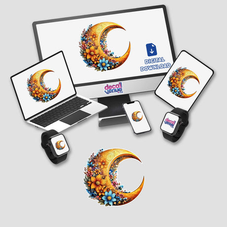 Vibrant floral moon digital artwork surrounded by various digital devices and products displaying the Decal Venue store branding, showcasing the versatility of this colorful design.