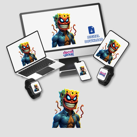 Alien Mutant Superhero Villain displayed on various tech devices, showcasing its versatility as stickers or digital artwork. The image highlights its cartoonish design, perfect for customization.