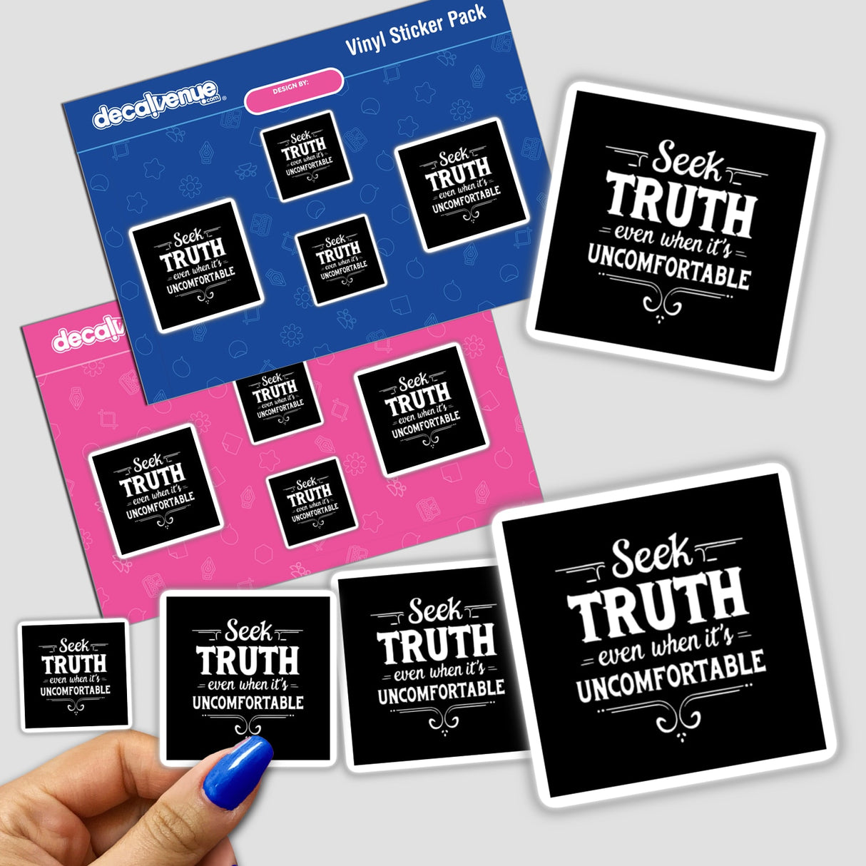 Hand displaying 'Quote about Truth Typography Sticker & Inspirational Clipart' pack, featuring bold text designs. Available as stickers or digital artwork, highlighting creative expression with commercial rights.