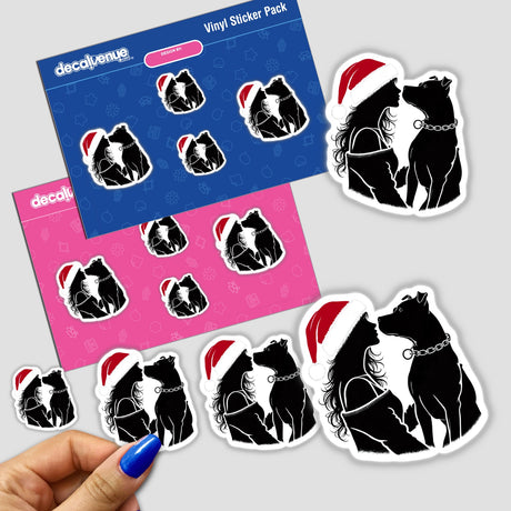 Christmas Santa Lady Loves Her Pitbull Dog II sticker set featuring festive designs of dogs in Santa hats, capturing a joyful holiday spirit, available as unique stickers or digital artwork.