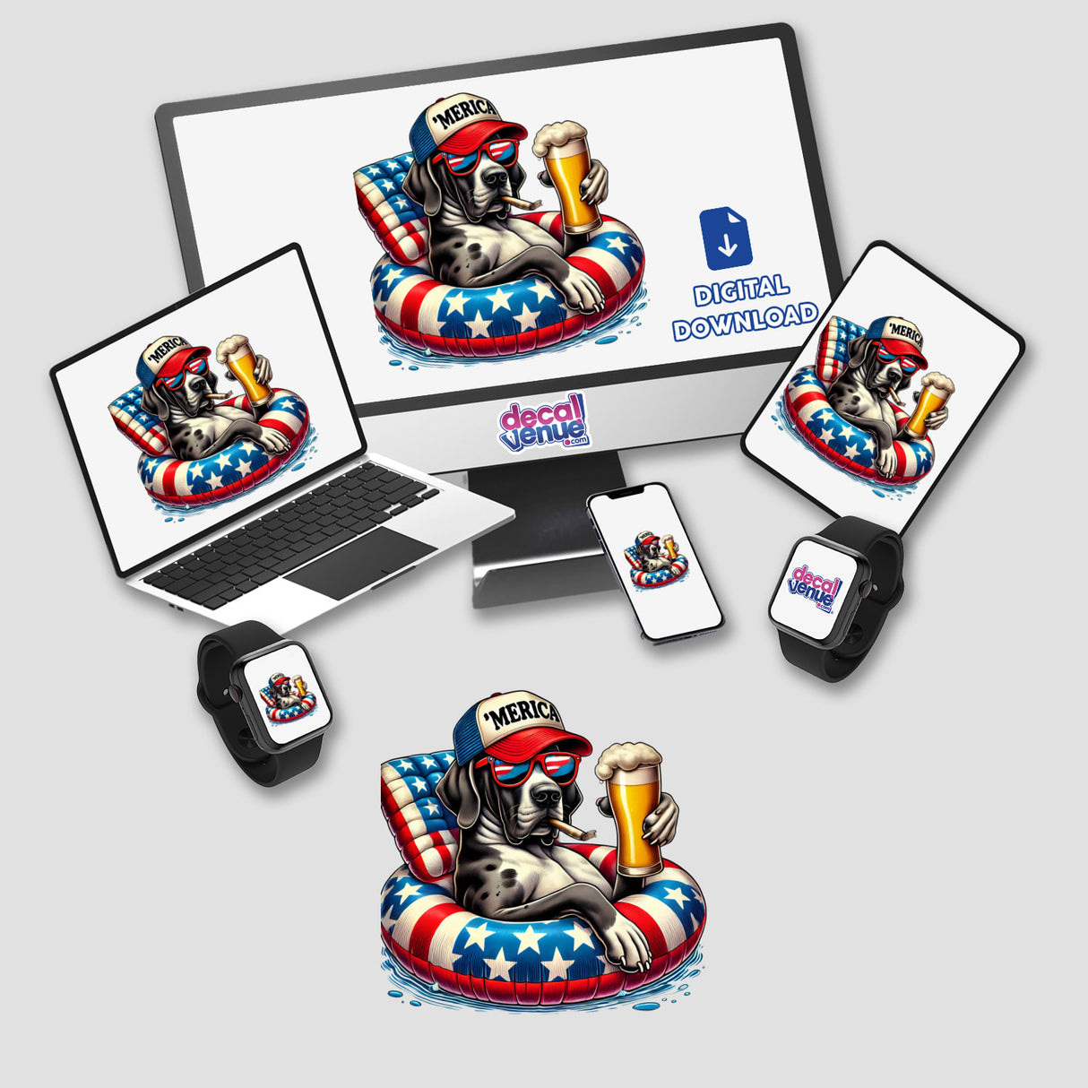 Great Dane Dog American Flag Float Merica digital artwork shown on various devices, including a computer, laptop, smartphone, and smartwatch, highlighting the versatility of the product.