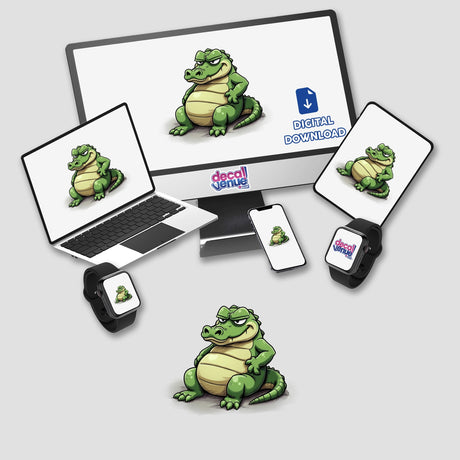 Grumpy Sitting Cartoon Crocodile displayed on various devices, including a laptop, tablet, phone, and smartwatch, showcasing its availability as stickers or digital artwork.