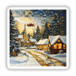 Santa's Sleigh Flying Over a Snowy Village Mosaic: A mosaic depicting Santa in a sleigh flying over a quaint village with snow-covered houses and trees. Available as stickers or digital artwork.