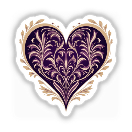 Elegant Purple and Gold Aesthetic Heart Clipart: A symmetrical purple heart with intricate gold and white swirls, available as stickers or digital artwork for commercial use.