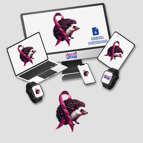 Hedgehog Pink Ribbon Breast Cancer themed digital artwork featuring a hedgehog and pink ribbon displayed on various devices, available as stickers or digital art from Decal Venue.