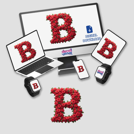 Elegant Floral Letter B Clipart - Downloadable Sticker featuring a digital letter B made of roses, displayed on various devices like a laptop, phone, and smartwatch.