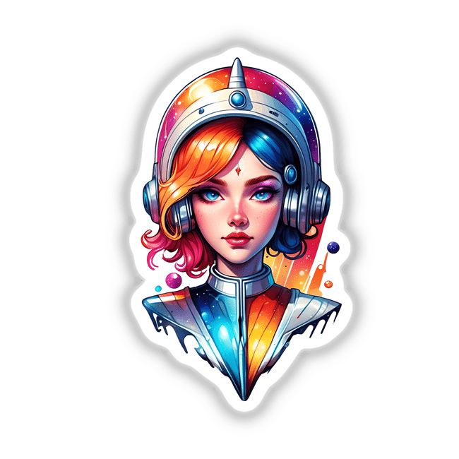 Sci-Fi Space Rocket Hostess Sticker | Quantum Vintage Futurist Design: A cartoon woman in a helmet with pink hair, blue eyes, and headphones, showcasing a unique sci-fi, vintage style.