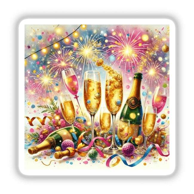 New Year's Eve - Champagne Glasses and Confetti Watercolor: Artwork showing champagne glasses and fireworks, available as stickers or digital art from Decal Venue.