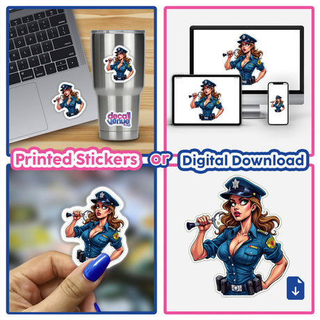 Collage of cartoon policewoman images titled Eu Sou a Lei, available as stickers or digital artwork from Decal Venue.