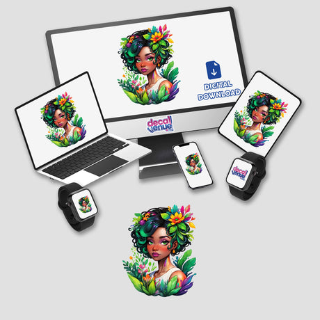 Afro Green Plant Portrait Sticker Design: Vibrant Botanical Art displayed on various devices, including a laptop and tablet, featuring a cartoon woman with colorful hair and flowers.