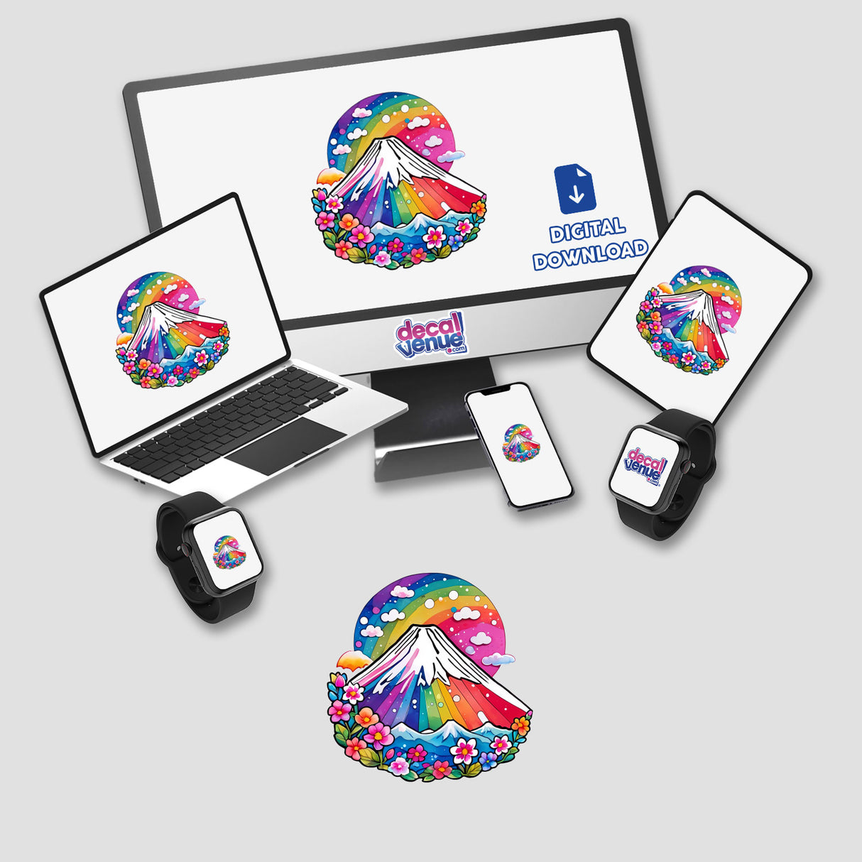 Rainbow Mt. Fuji Japan sticker or digital artwork displayed on various devices, featuring a colorful mountain and flower scene.