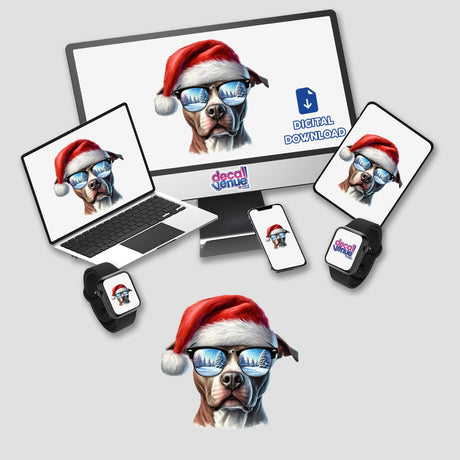 Pitbull dog wearing a Santa hat and sunglasses, featured as the Winter Sunglasses Christmas Santa Pitbull Dog design, available as stickers or digital artwork from Decal Venue.