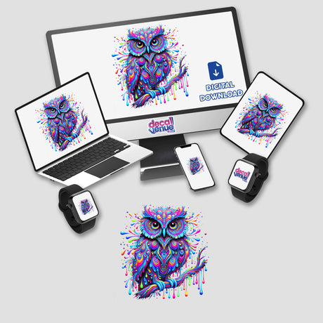 Vibrant Psychedelic Drip Owl displayed on a computer monitor and various devices, showcasing its colorful, trippy bird design. Available as stickers or digital artwork.