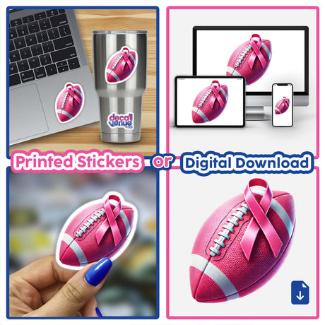 Collage featuring a football with a pink ribbon and a laptop. Product: Pink Football Pink Ribbon Breast Cancer. Available as stickers or digital artwork from Decal Venue.