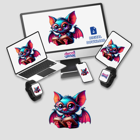 Bat With Reading Glasses Open Book featured on computer and laptop screens, showcasing a cartoon bat character. Available as stickers or digital artwork from Decal Venue.