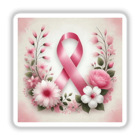 Breast Cancer Awareness - Pink Ribbon with Delicate Flowers, featuring a pink ribbon adorned with roses and petals, available as stickers or digital artwork.