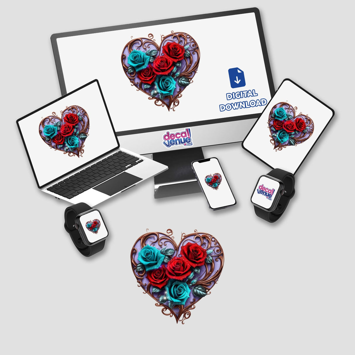 Bronze Heart with Red and Teal Roses on Lavender Background displayed on a computer monitor and laptop screens, available as stickers or digital artwork.